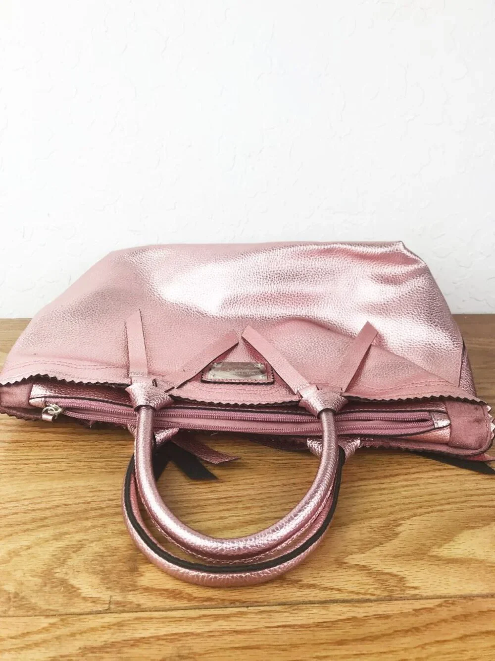 Victoria’s Secret Metallic Pink Tote Bag – Pebbled Faux Leather with Logo Plaque